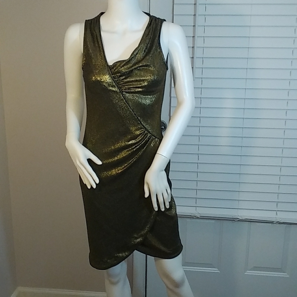 Zara Basic Classic Metallic Gold & Black Sheath Sleeveless Mini Dress size M.